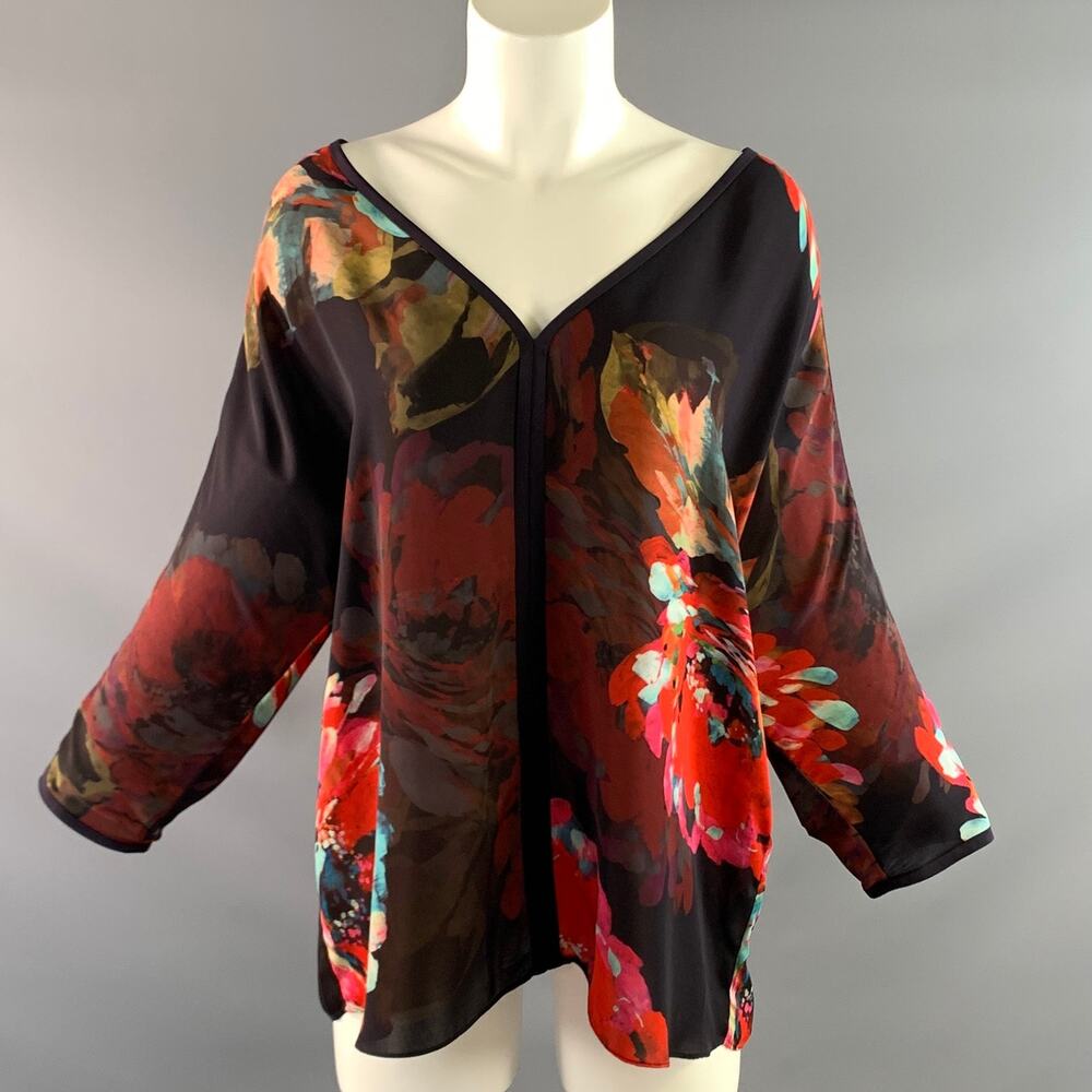 TRINA TURK Size XL Red Multi Color Silk Polyester Abstract floral Blouse